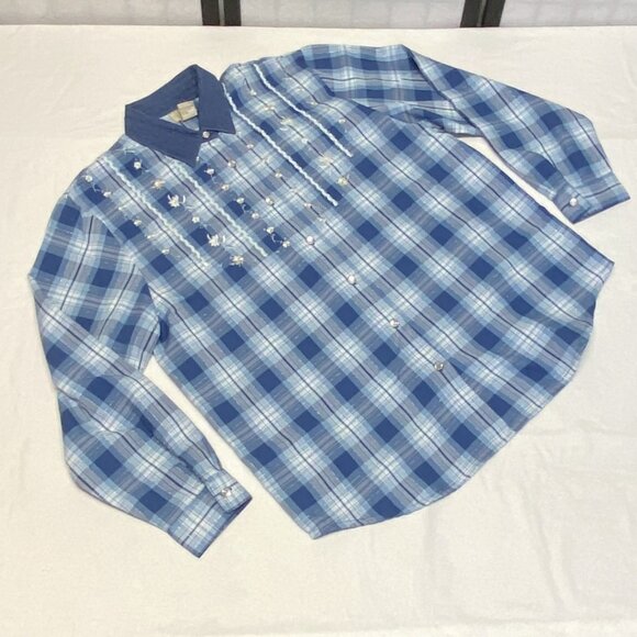 Long Sleeve Plaid Embroidered Front Mother of Pearl Button Shirt Blue XL Teddi - Picture 9 of 12